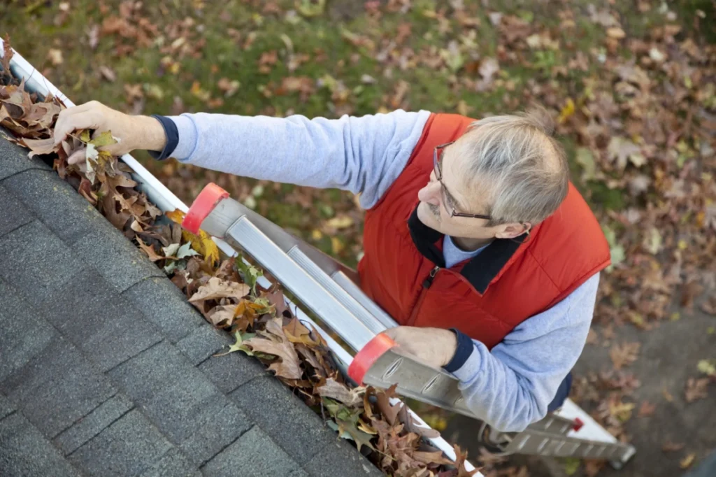 cleaning roof leaves gutter